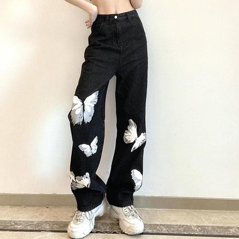 Butterfly Print Denim Street Pants