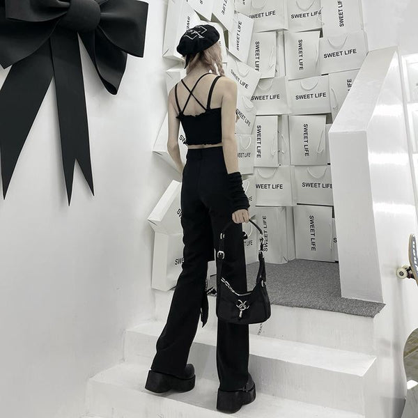 Hollow Out Bow Knot High Waist Straight Pants