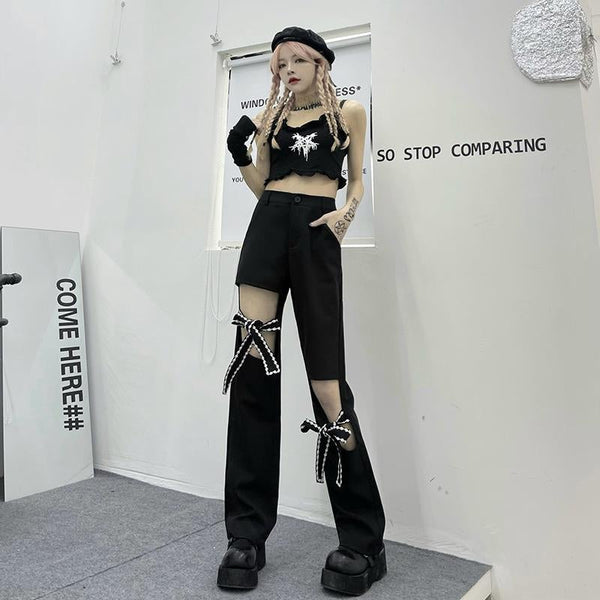 Hollow Out Bow Knot High Waist Straight Pants