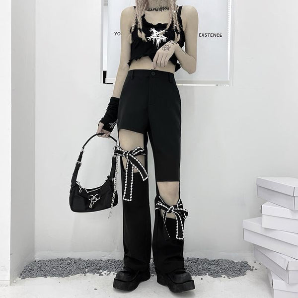 Hollow Out Bow Knot High Waist Straight Pants