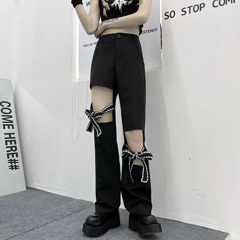 Hollow Out Bow Knot High Waist Straight Pants