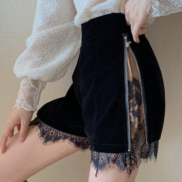 Lace Trim Velvet Black Shorts