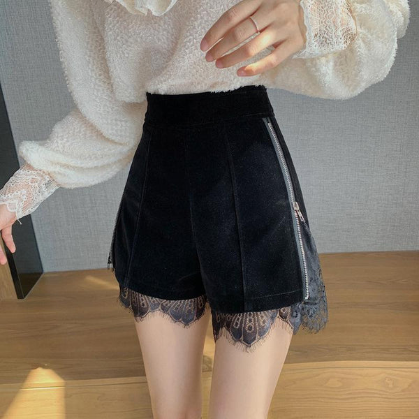 Lace Trim Velvet Black Shorts