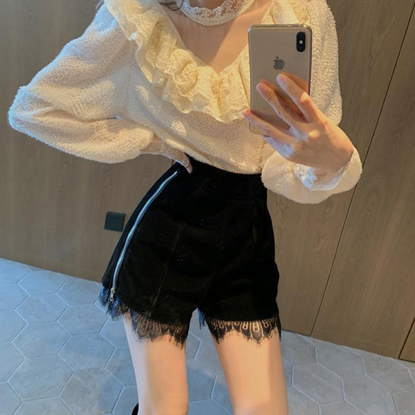 Lace Trim Velvet Black Shorts