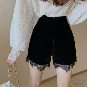 Lace Trim Velvet Black Shorts