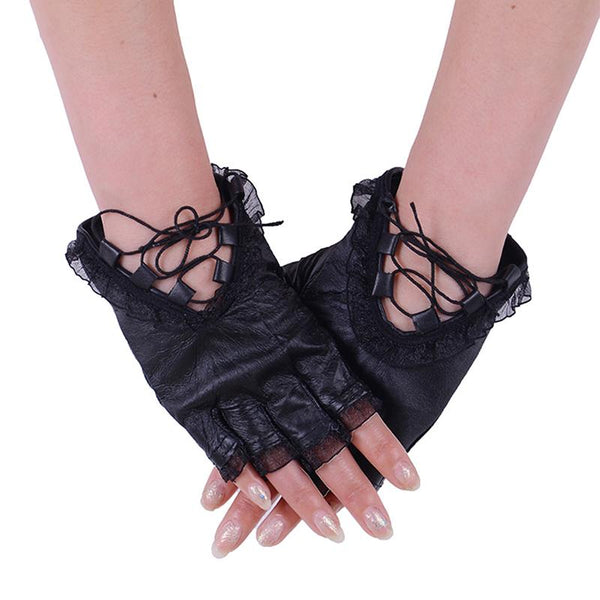 Lace Rim Fingers Pu Gloves