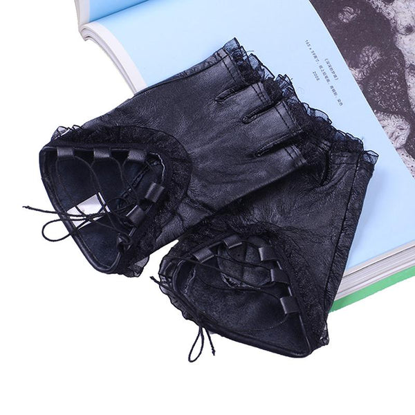 Lace Rim Fingers Pu Gloves