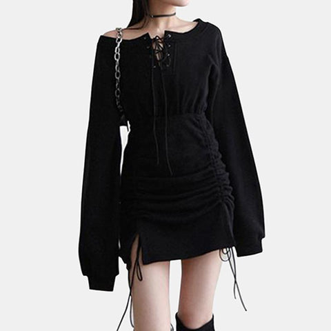 Lace Up Off Shoulder Hoodie Dress