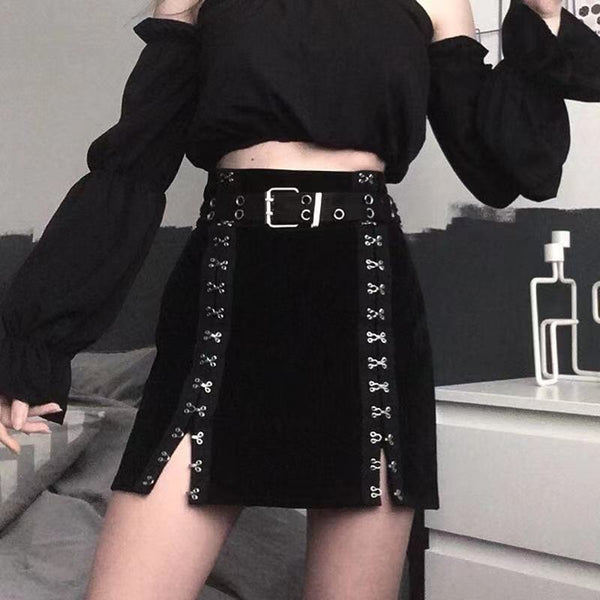 Metal Double-Breasted Velvet Skirt