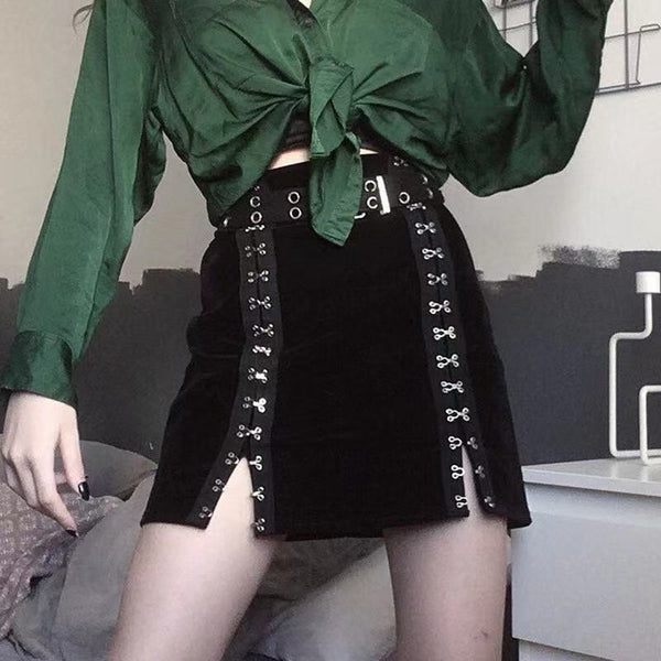 Metal Double-Breasted Velvet Skirt