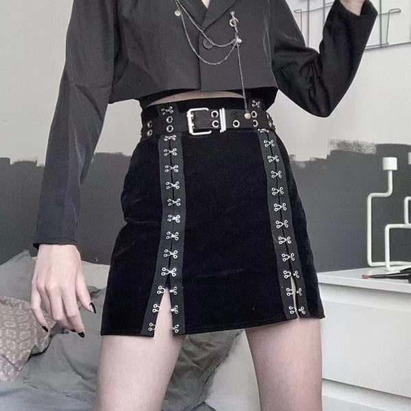 Metal Double-Breasted Velvet Skirt