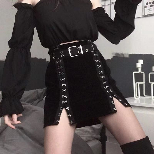 Metal Double-Breasted Velvet Skirt