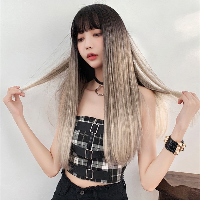 Three-color long straight gradient wig  KF82518