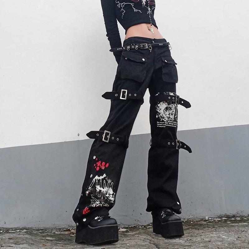 Punk Metal Buckle Printed Jeans