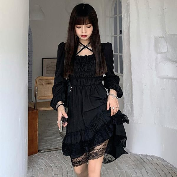 Irregular Lace Black Dress