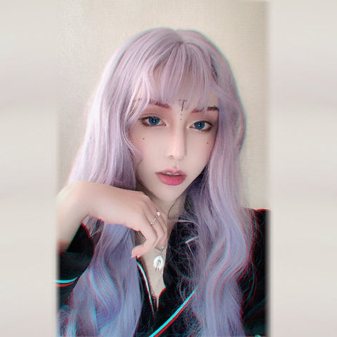 Grey and purple long curly wig KF82039