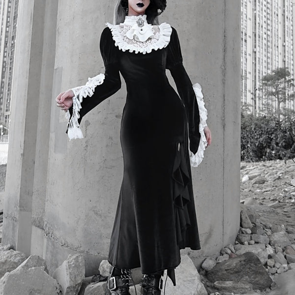 Gothic Embroidery Nun Velvet Dress