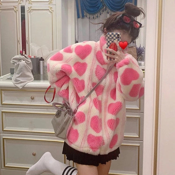 Pink Coat High Neck Heart Print Faux Fur