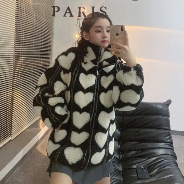 Pink Coat High Neck Heart Print Faux Fur