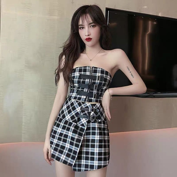 Plaid Tube Top and Irregular Skirt Set