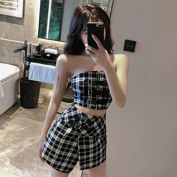 Plaid Tube Top and Irregular Skirt Set