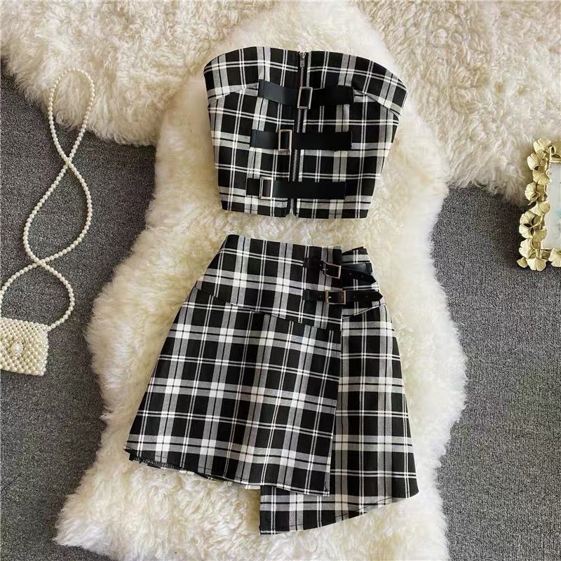 Plaid Tube Top and Irregular Skirt Set