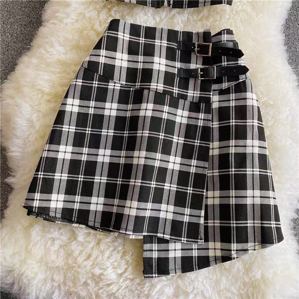 Plaid Tube Top and Irregular Skirt Set