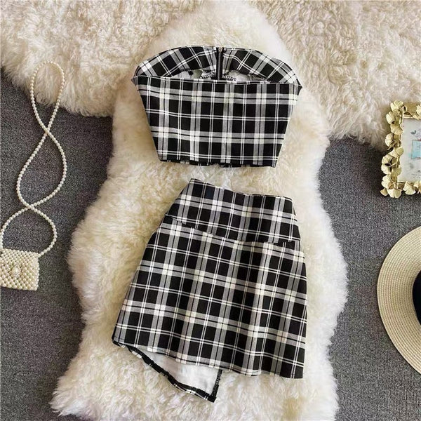 Plaid Tube Top and Irregular Skirt Set