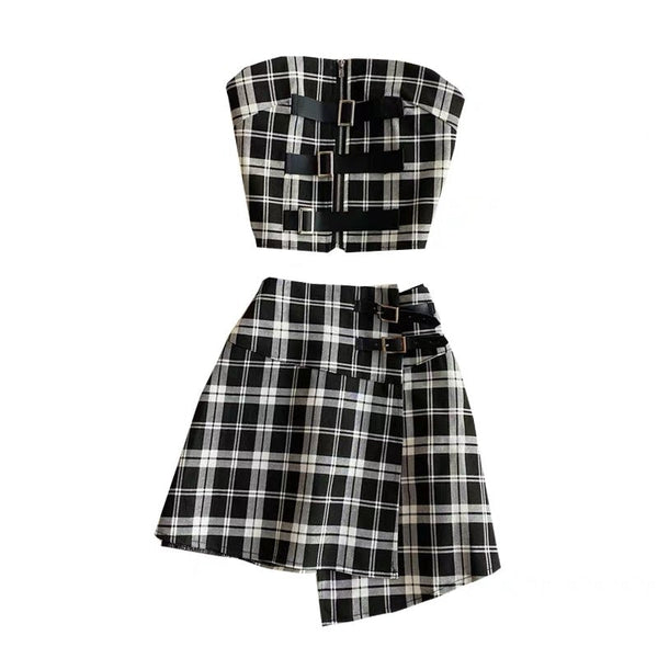 Plaid Tube Top and Irregular Skirt Set