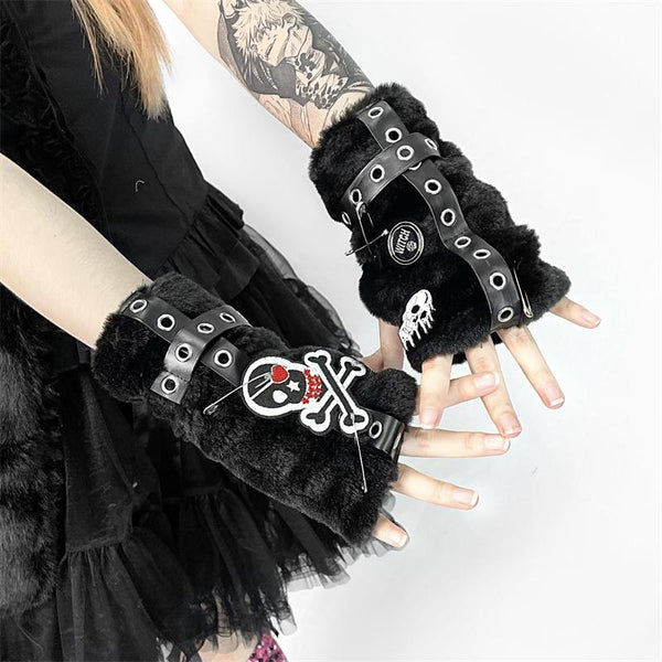 Punk Skull Plush Gloves