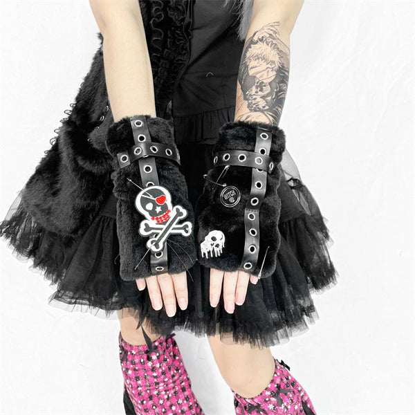 Punk Skull Plush Gloves