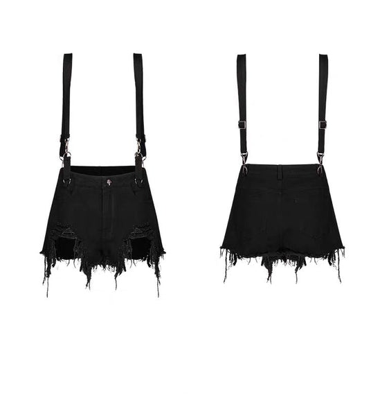 Ripped Denim Shorts With Suspender