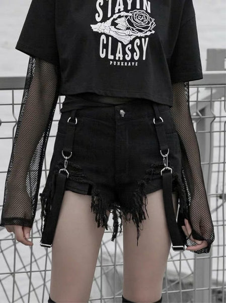 Ripped Denim Shorts With Suspender