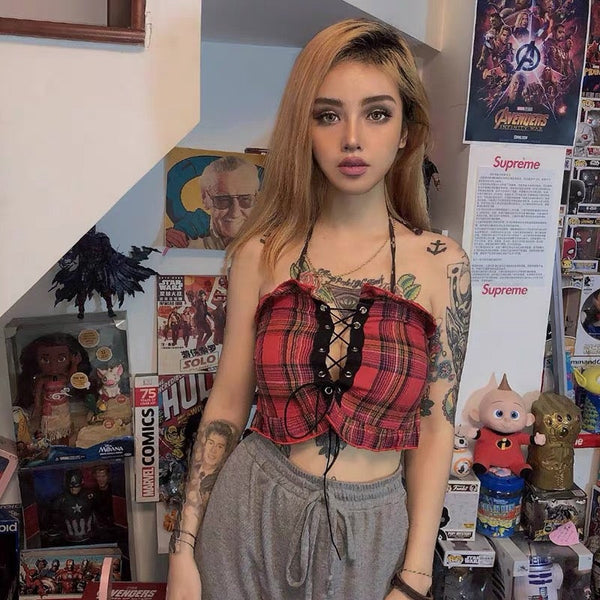 Sexy Plaid Lace up Tube Top