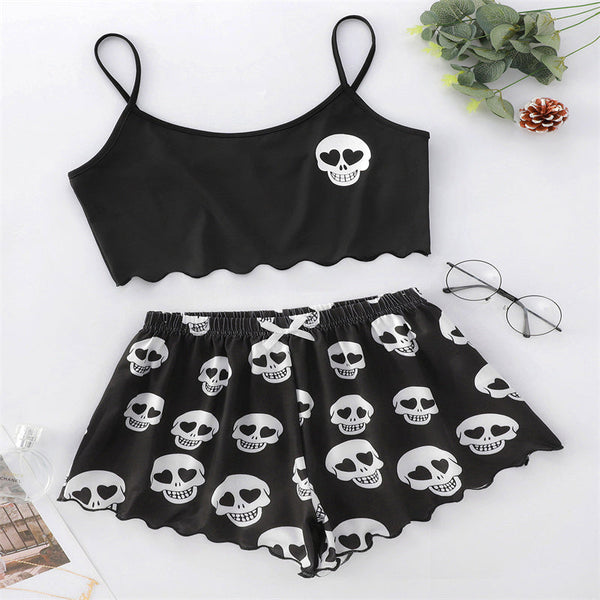 Skull Print Suspender Shorts Set