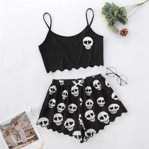 Skull Print Suspender Shorts Set