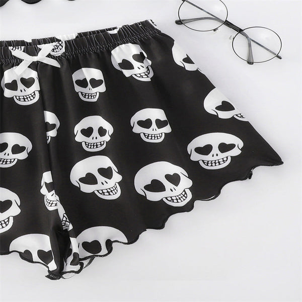 Skull Print Suspender Shorts Set