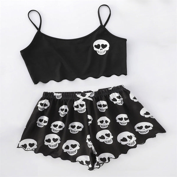 Skull Print Suspender Shorts Set