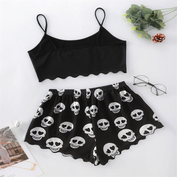 Skull Print Suspender Shorts Set