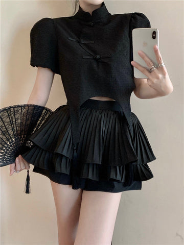 Stand Collar Buckle Puff Sleeve Top & Pleated Cake Shorts