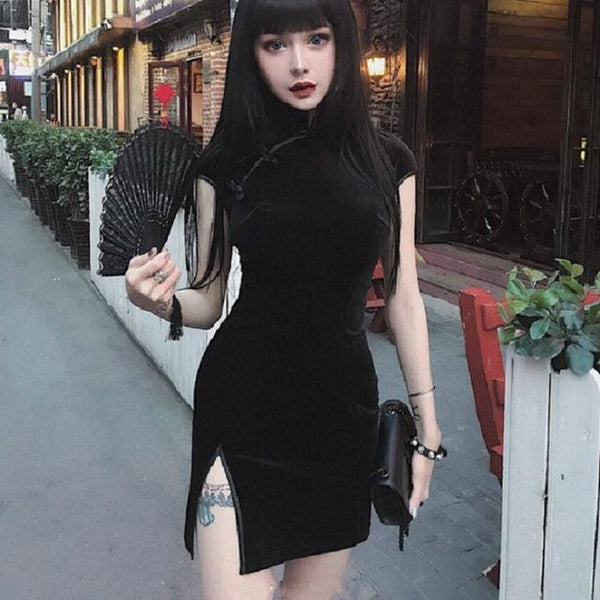 Black Velvet Gothic Cheongsam Dress