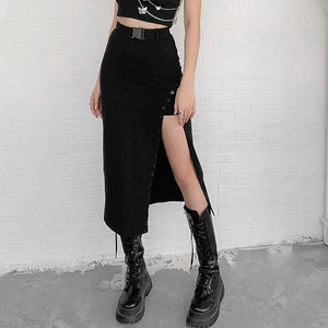 Gothic High Waist A-Line Black Midi Skirt