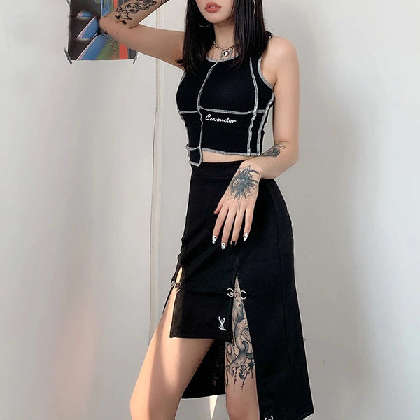 Punk Style Black Sexy Midi Pencil Skirt