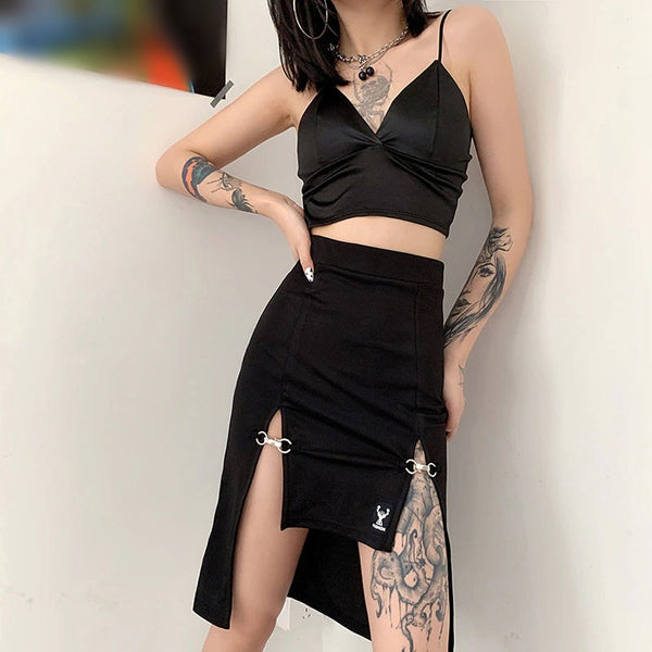 Punk Style Black Sexy Midi Pencil Skirt