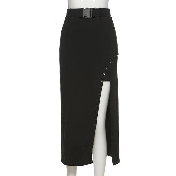 Gothic High Waist A-Line Black Midi Skirt