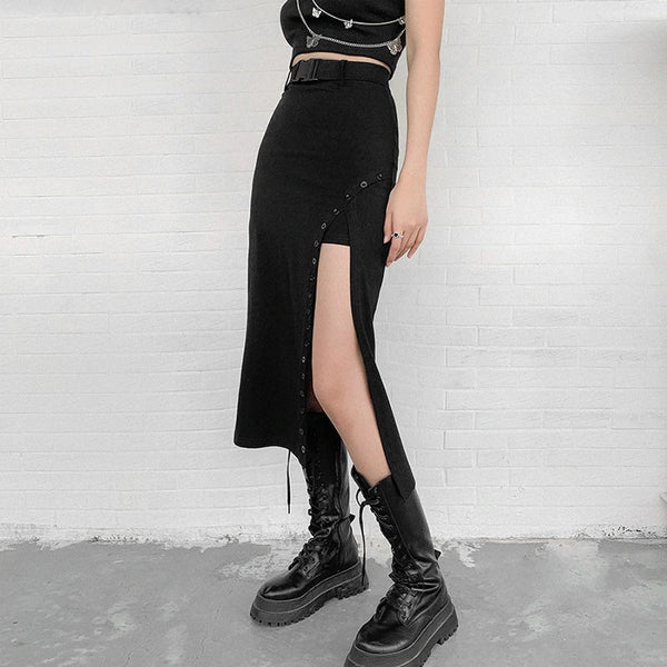 Gothic High Waist A-Line Black Midi Skirt