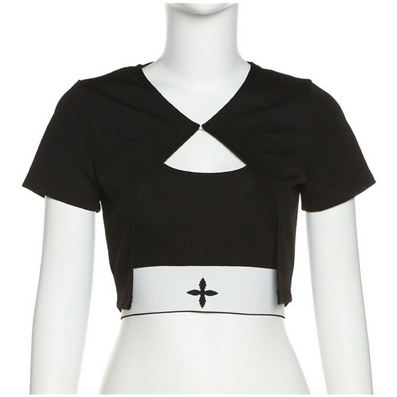 Women's Punk Round Collar Short Sleeved Crop Top with Cape