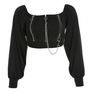 Gothic Lantern Sleeve Zipper Chain Crop Top