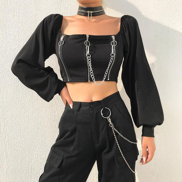 Gothic Lantern Sleeve Zipper Chain Crop Top