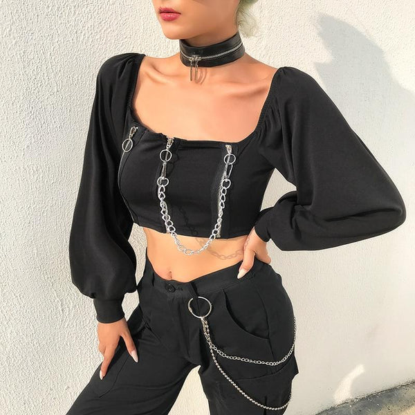 Gothic Lantern Sleeve Zipper Chain Crop Top